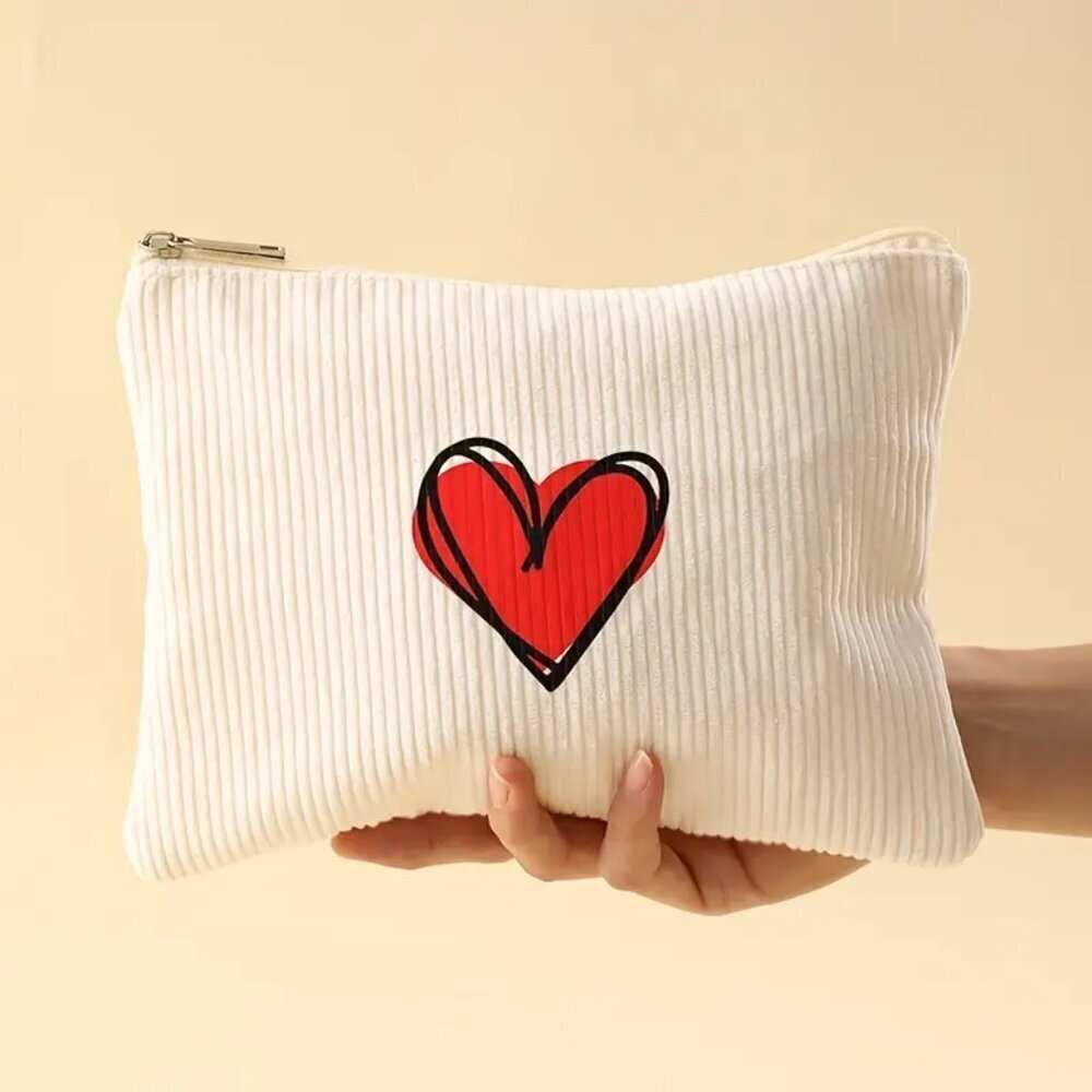 Red Love Print Corduroy Makeup Bag